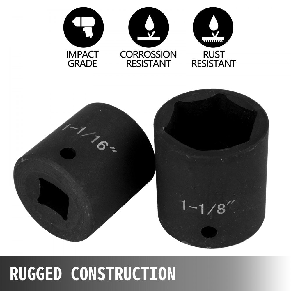 Two black 1/2-inch drive impact sockets, one 1-1/16-inch and one 1-1/8-inch, with icons for impact grade, corrosion resistance, and rust resistance.