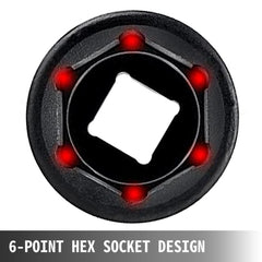 Close-up of a black 6-point hex impact socket with red highlights on the points.