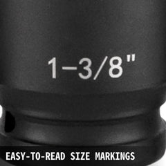 Close-up of a black impact socket with clear 1-3/8 inch size marking etched on it