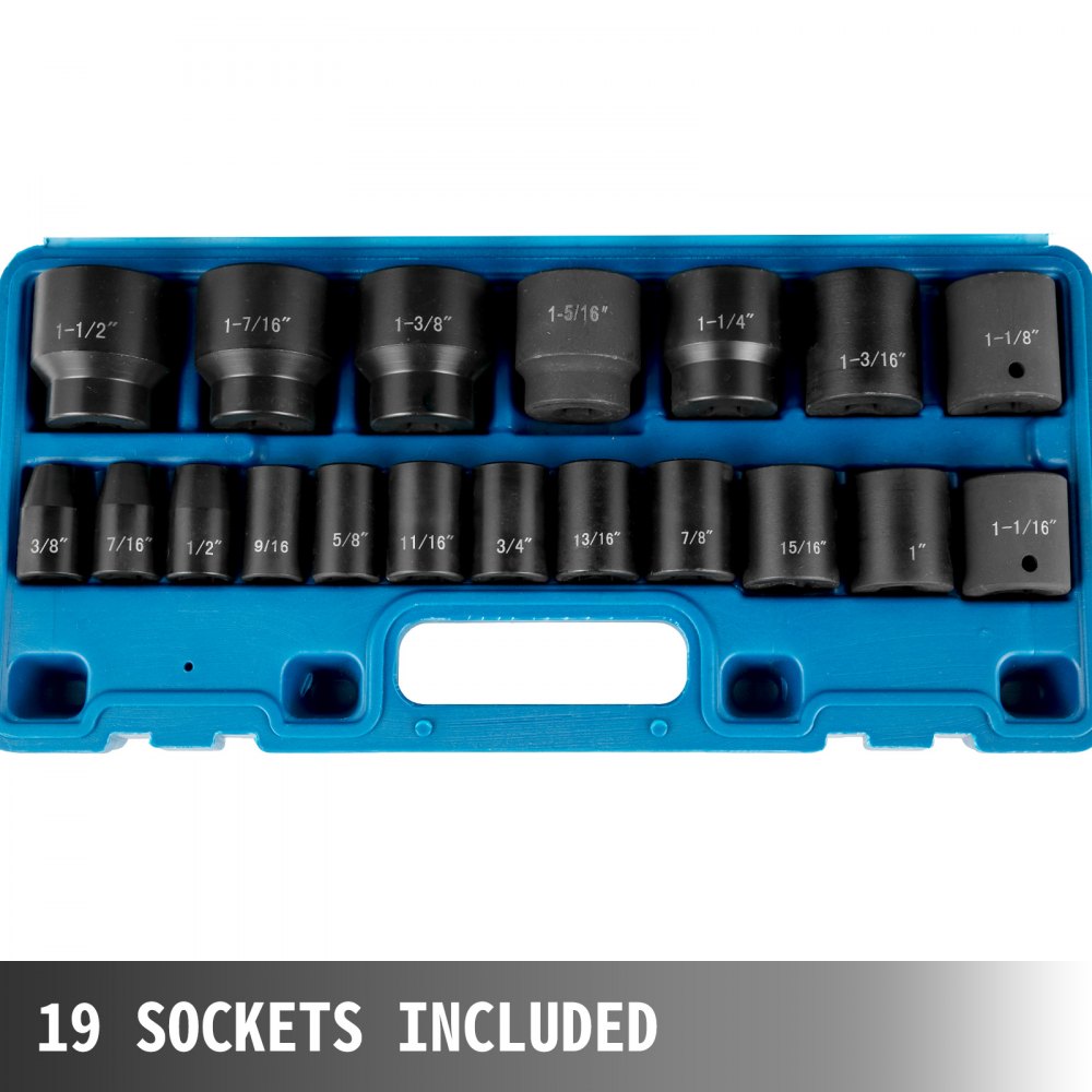 Blue 19-piece 1/2-inch drive impact socket set in a case, SAE sizes from 3/8 to 1-1/2 inch.