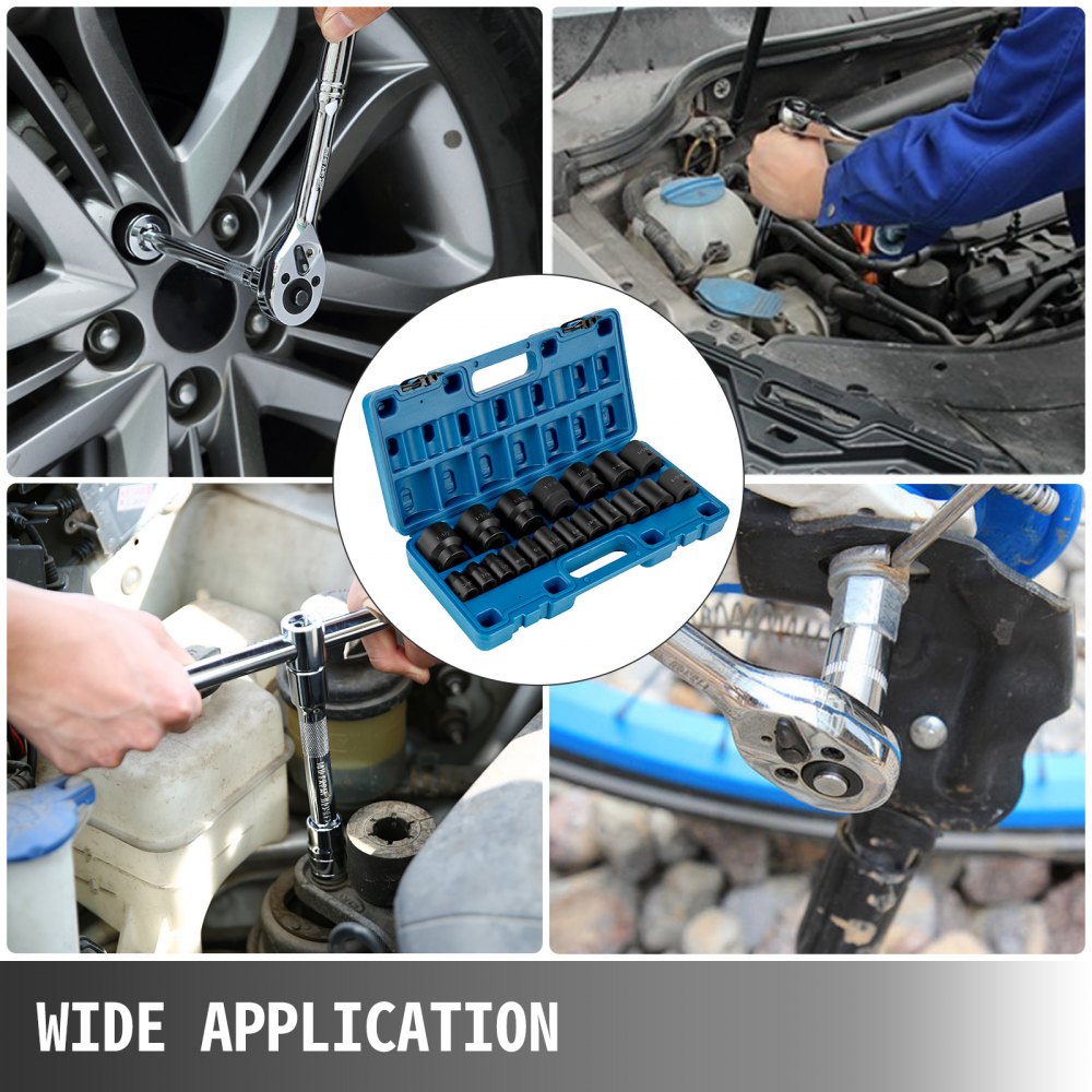 Bostome 19-piece 1/2" drive impact socket set with 6-point SAE sockets in blue case