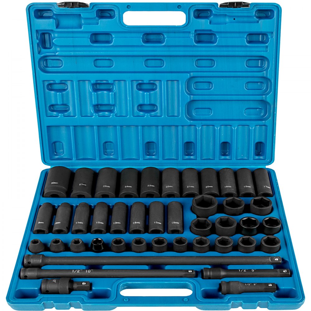 43-piece metric impact socket set with heavy-duty CR-V construction and clear size markings.