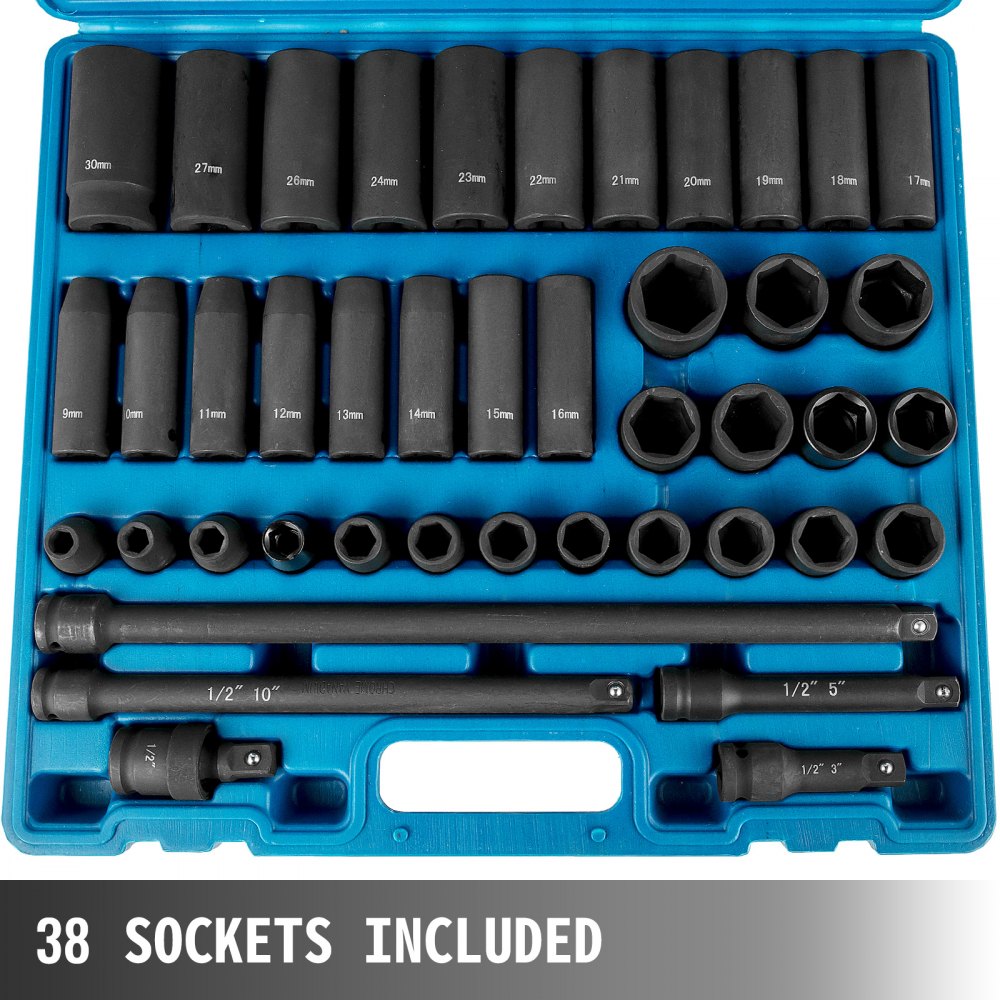 43-piece Bostome impact socket set with chrome vanadium steel and 6-point hex design.