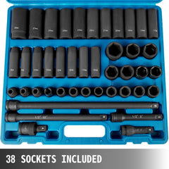 43-piece Bostome impact socket set with chrome vanadium steel and 6-point hex design.