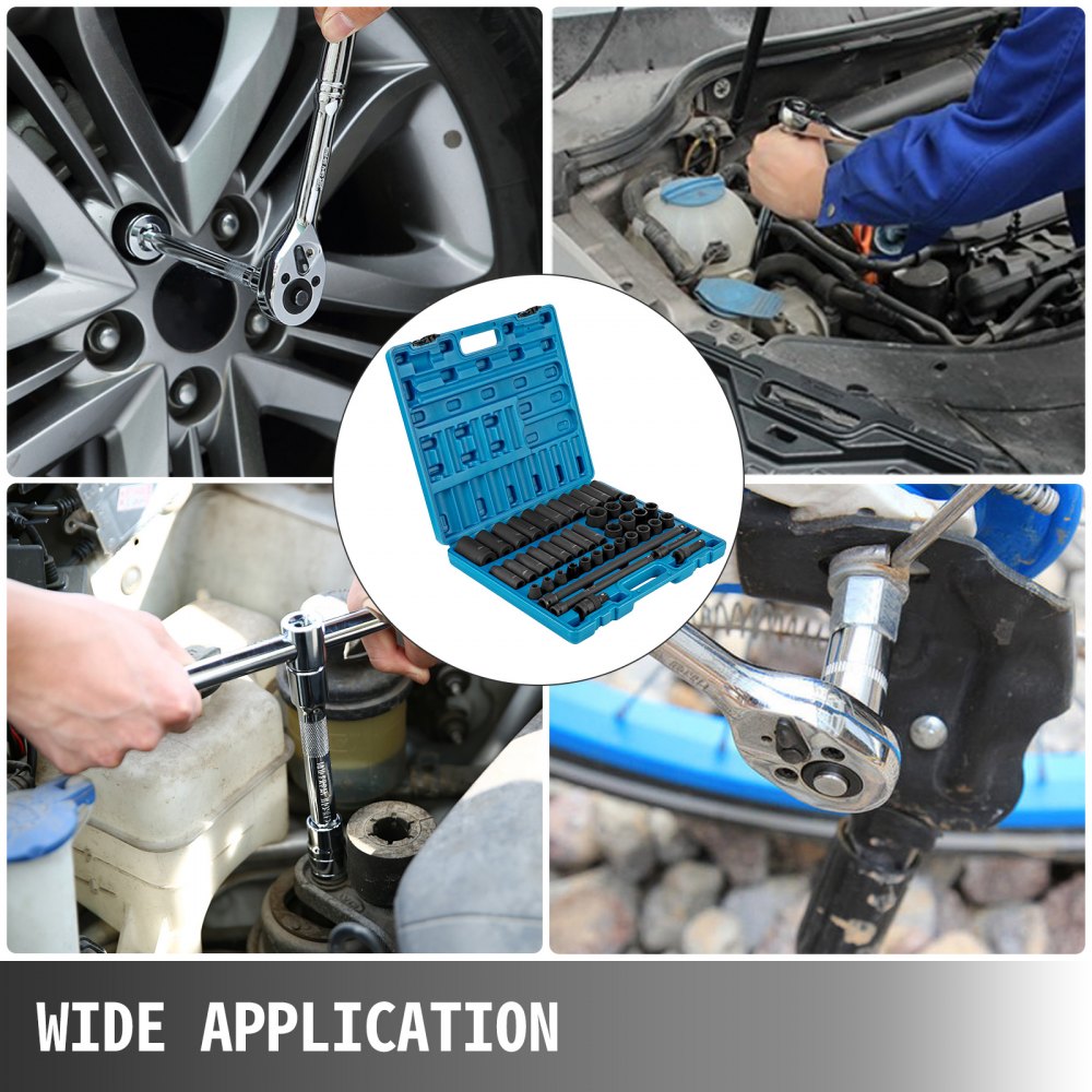 Bostome 43-piece metric impact socket set with 6-point design and sturdy storage case.