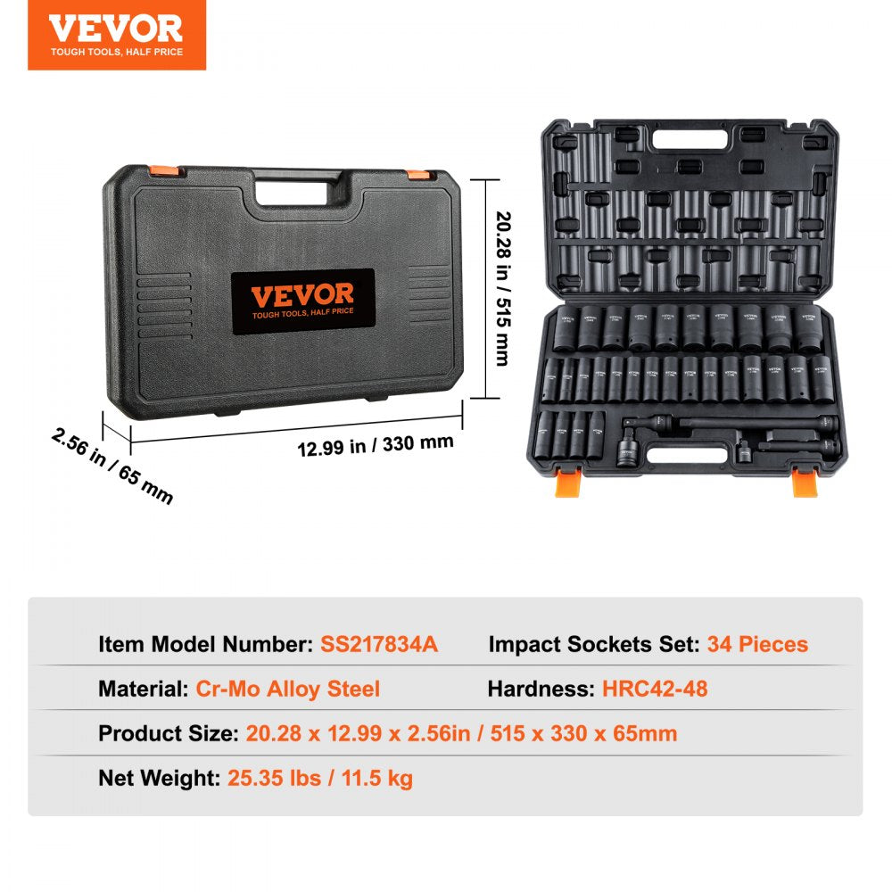 1/2" Drive Deep Impact Socket Set, 34pcs Socket Set Metric （8-36mm） 6 Point Cr-MO Alloy Steel for Auto Repair, Rugged Construction, Includes Heavy Duty Storage Case