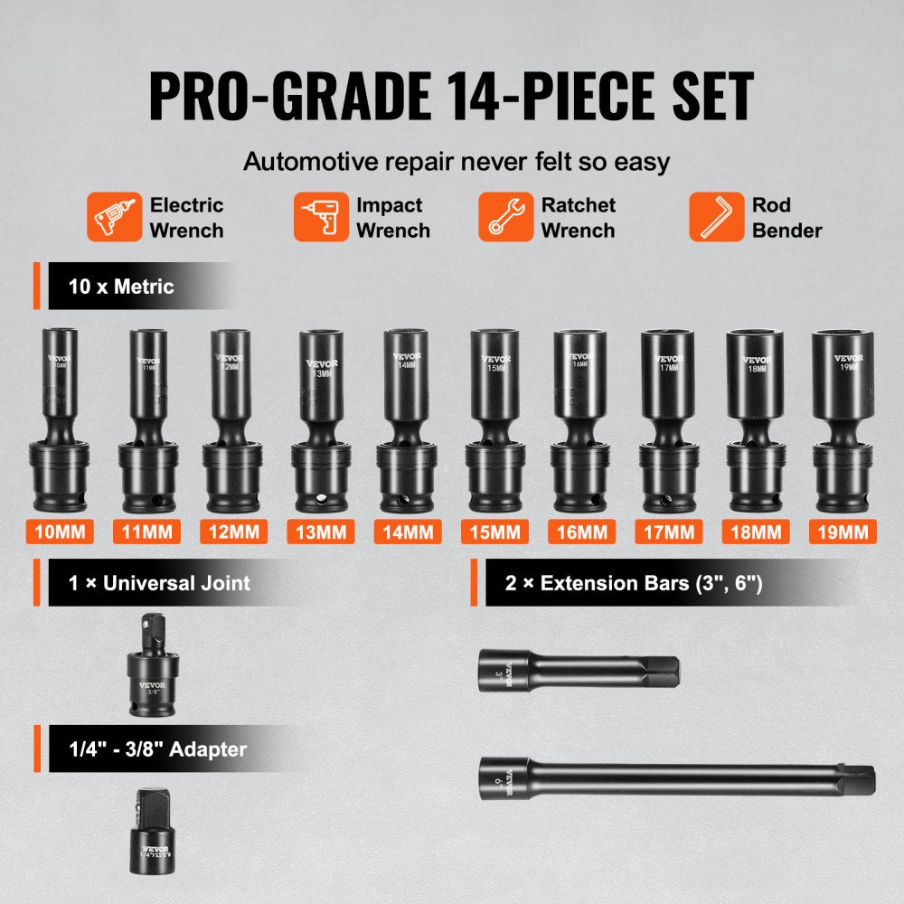 14-piece 3/8" drive swivel impact socket set made of Cr-Mo steel with a carrying case.