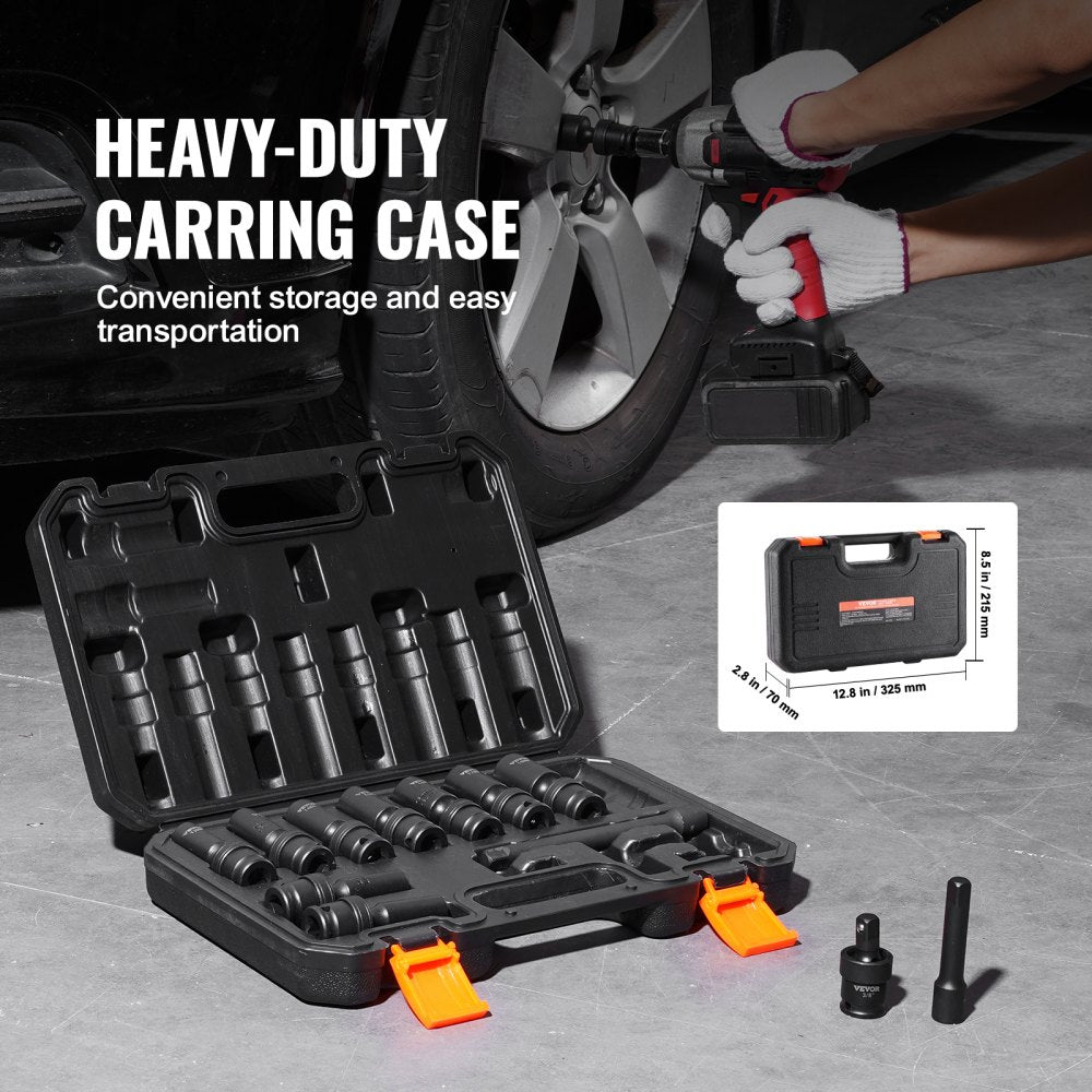 Bostome 14pc 3/8" drive swivel impact socket set with Cr-Mo steel and a metal carrying case.