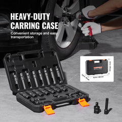 Bostome 14pc 3/8" drive swivel impact socket set with Cr-Mo steel and a metal carrying case.
