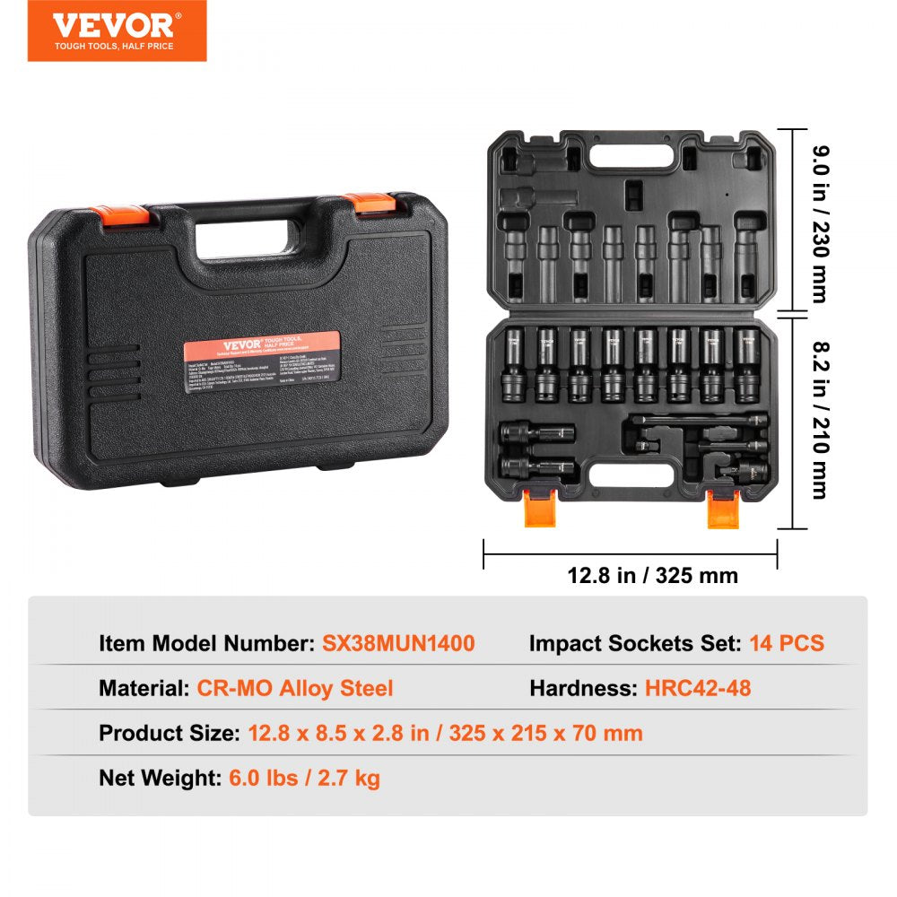 14-piece swivel impact socket set with Cr-Mo steel in a heavy-duty carrying case.