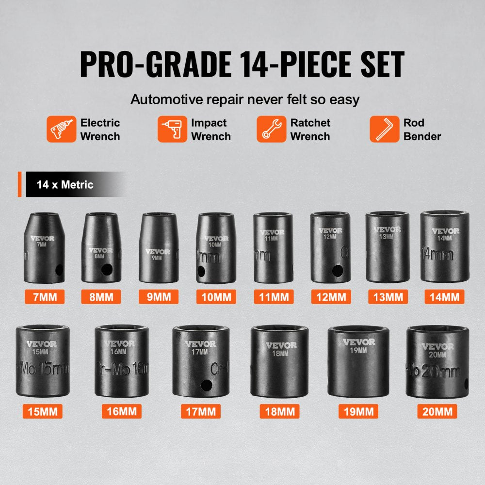 14-piece 3/8in drive 6-point impact socket set in metric sizes 7-20mm with case.