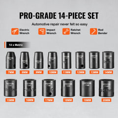 14-piece 3/8in drive 6-point impact socket set in metric sizes 7-20mm with case.