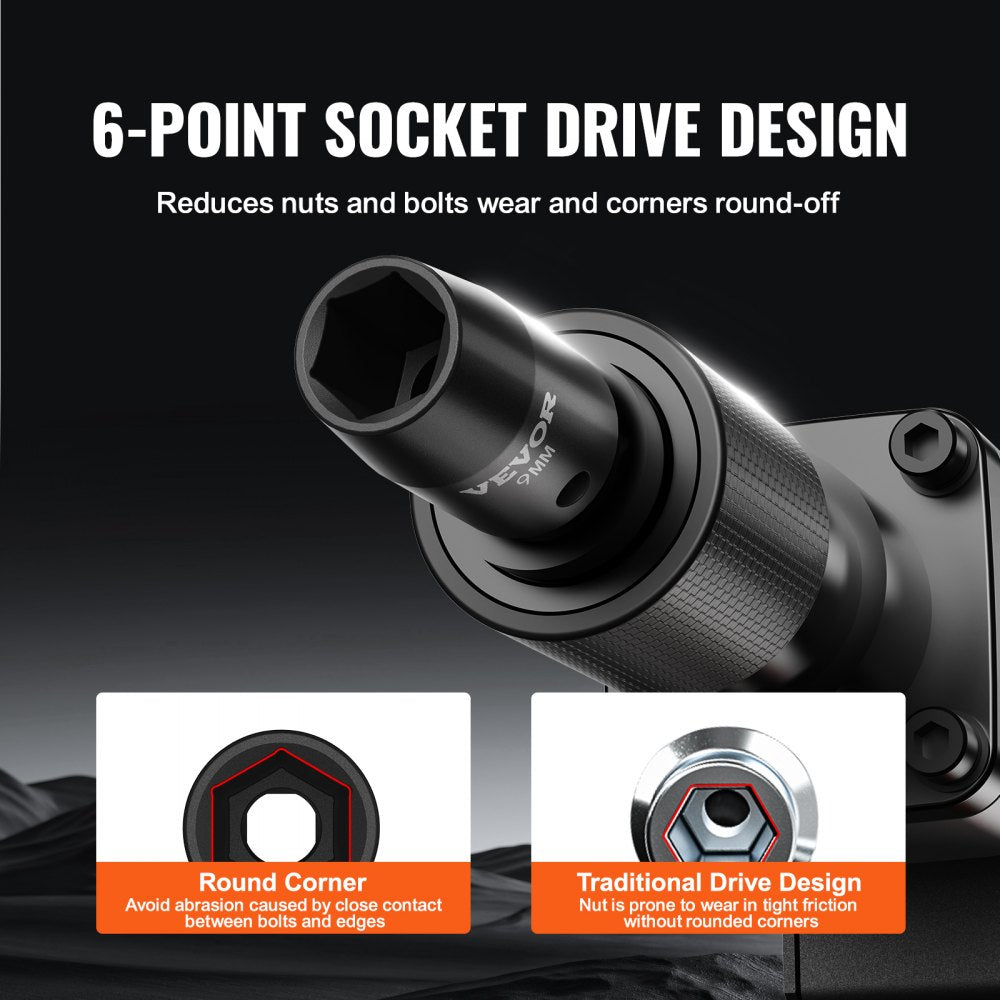 14-piece 3/8-inch drive 6-point impact socket set in a case, showing sockets and rounded corner design.