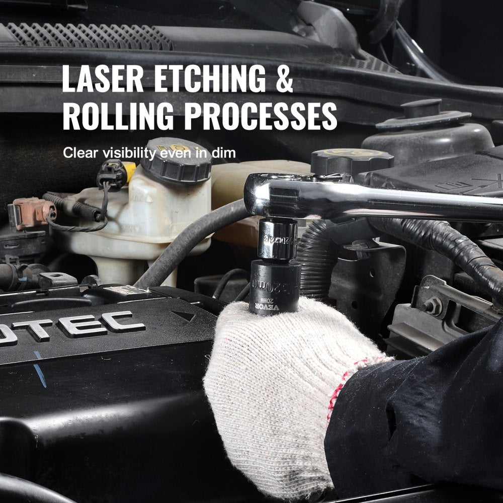 14-piece 3/8in drive 6-point impact socket set in case, with laser-etched sizes visible on engine.