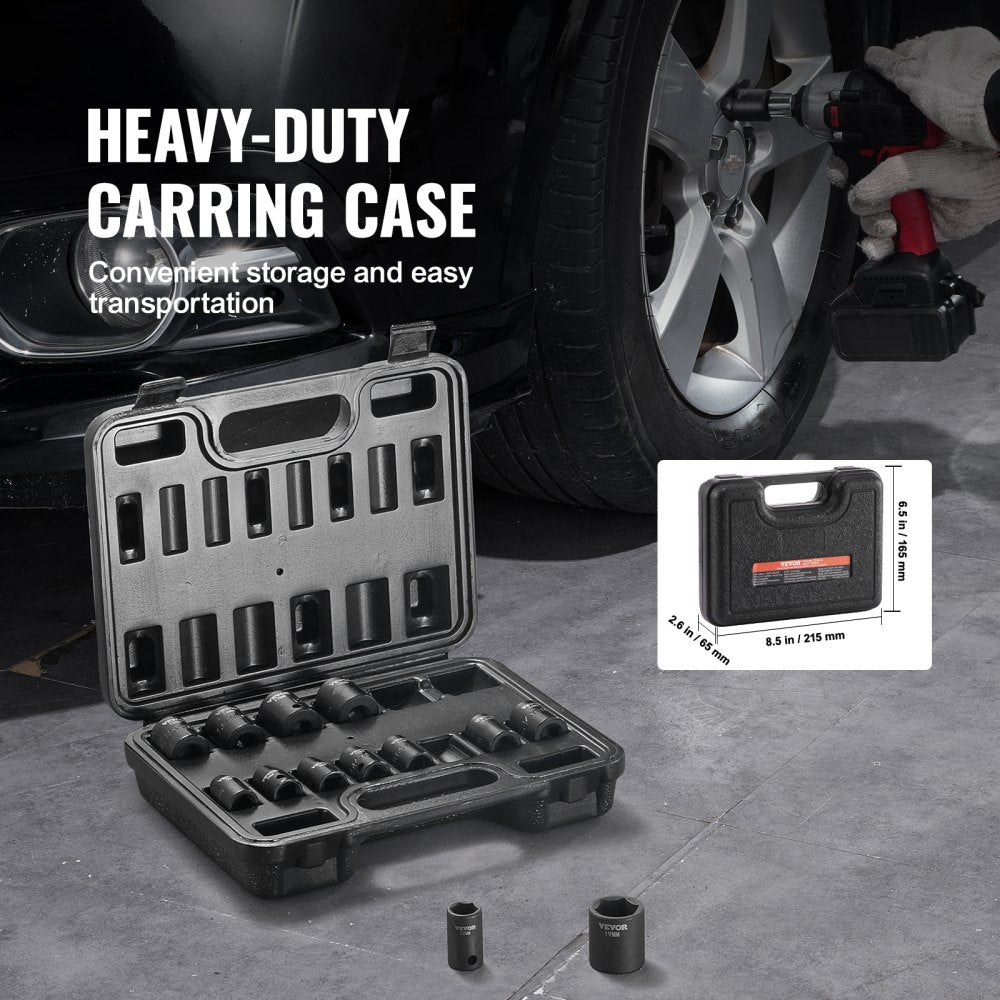 A black carrying case holding a 14-piece 3/8-inch drive 6-point impact socket set, shown open next to a car wheel.