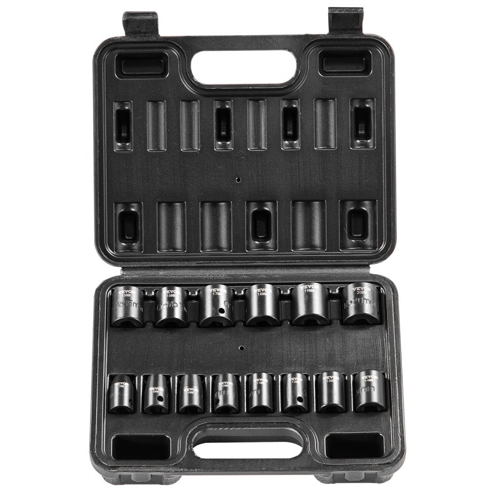 Open black case containing 14 silver 3/8-inch drive 6-point impact sockets in sizes 7-20mm.
