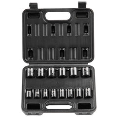 Open black case containing 14 silver 3/8-inch drive 6-point impact sockets in sizes 7-20mm.