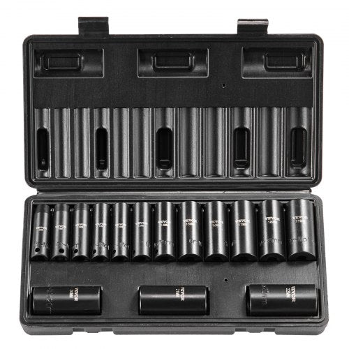 15-piece Bostome 3/8" drive impact socket set in a metal carrying case, featuring 6-point deep sockets.