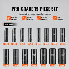 15-piece Bostome 3/8" drive impact socket set with Cr-Mo 6-point deep sockets in a carrying case.