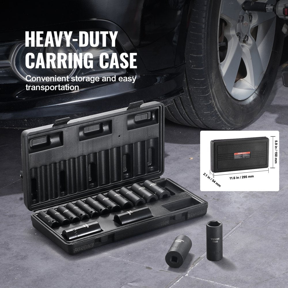 15-piece Bostome 3/8" drive impact socket set with deep Cr-Mo 6-point design in metal case.