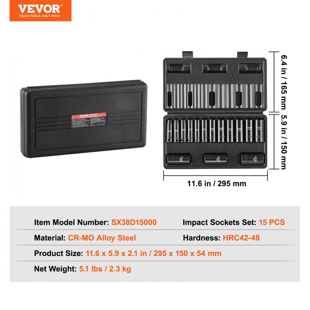 15-piece Bostome 3/8" drive impact socket set in a metal carrying case with laser-etched sizes.