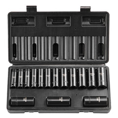 Bostome 15-piece Cr-Mo 6-point deep impact socket set in a rugged metal carrying case.