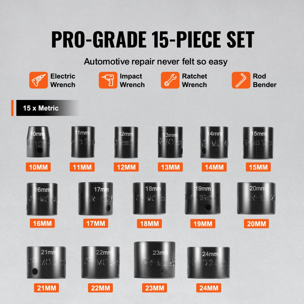 15-piece 3/8-inch drive 6-point impact socket set in metric sizes 10-24mm with case.