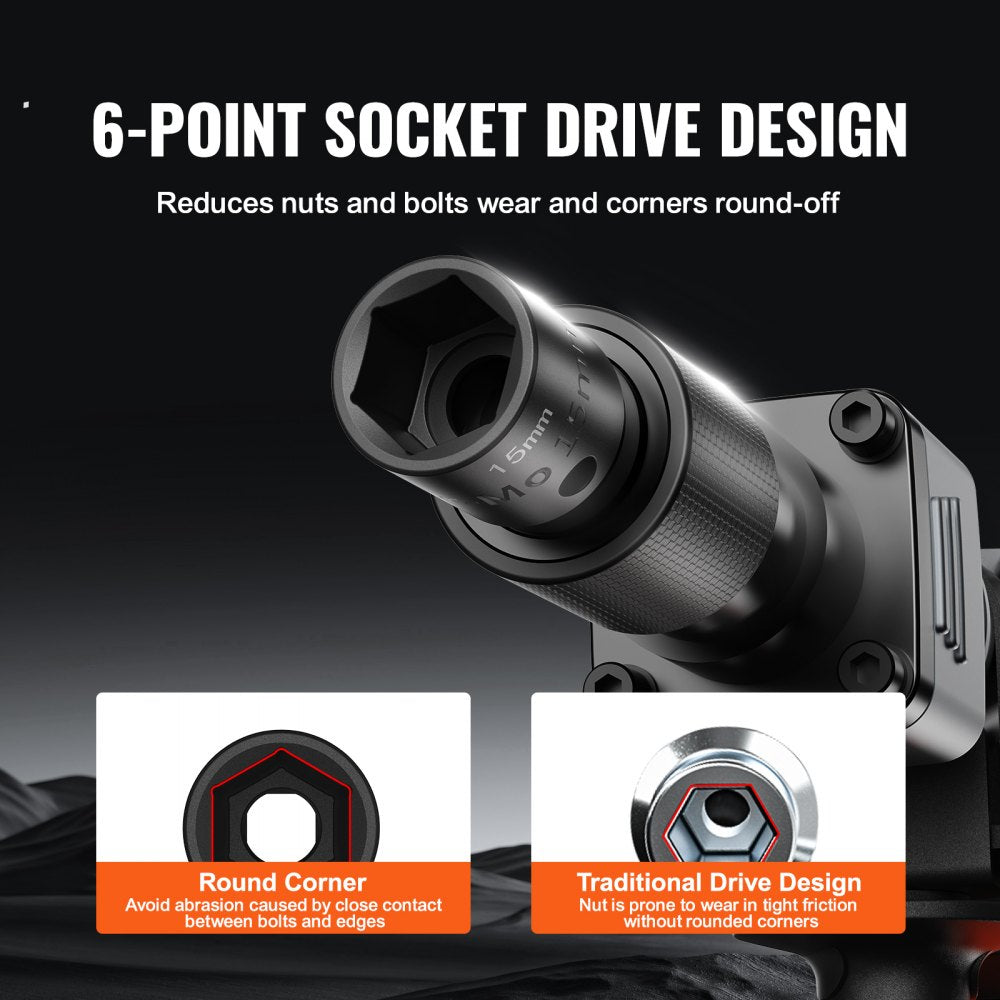 15-piece 3/8-inch drive 6-point impact socket set in a case, showing sockets and rounded corner comparison.