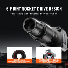 15-piece 3/8-inch drive 6-point impact socket set in a case, showing sockets and rounded corner comparison.