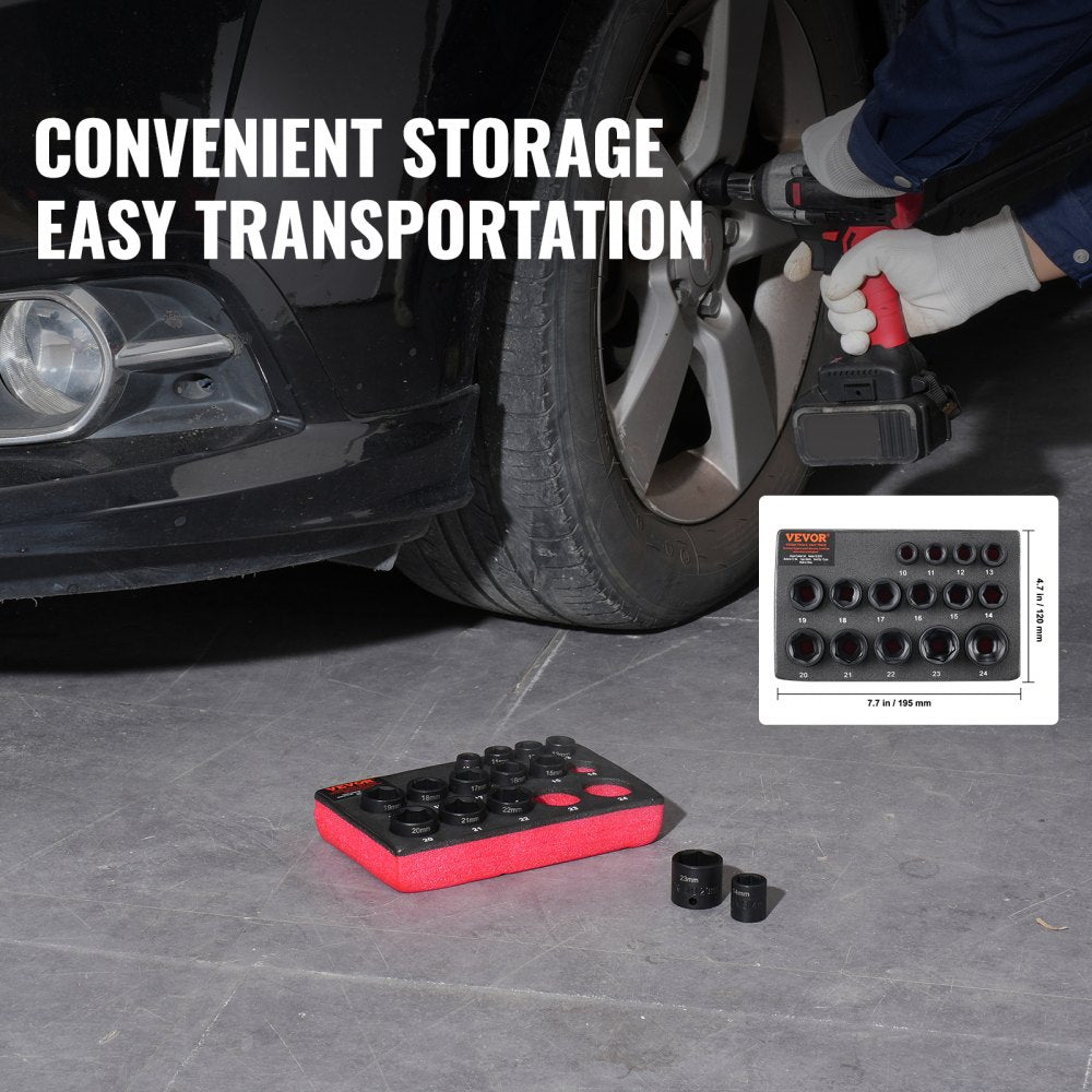15-piece 3/8-inch drive 6-point impact socket set in red case with sizes 10-24mm.