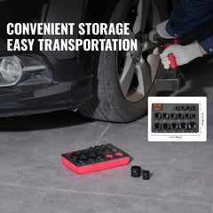 15-piece 3/8-inch drive 6-point impact socket set in red case with sizes 10-24mm.