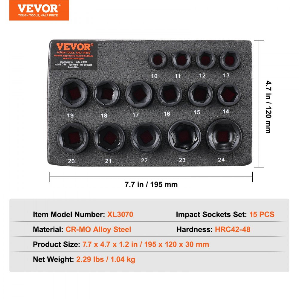 15-piece 3/8-inch drive 6-point impact socket set in a black case with sizes 10-24 mm.