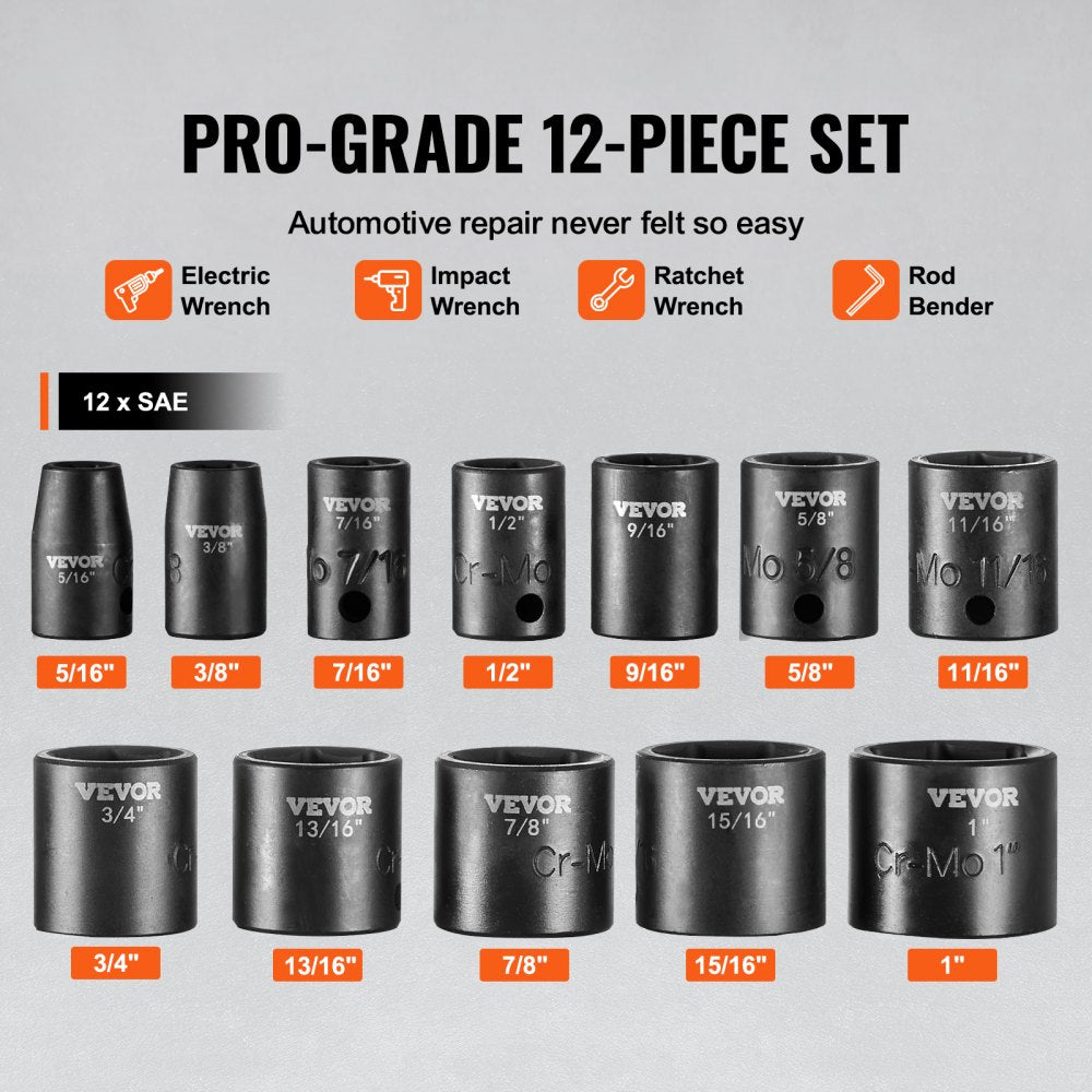 Bostome 12-piece impact socket set with Cr-Mo steel and hexagonal 6-point design.