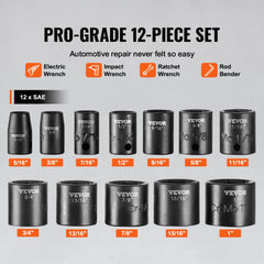 Bostome 12-piece impact socket set with Cr-Mo steel and hexagonal 6-point design.