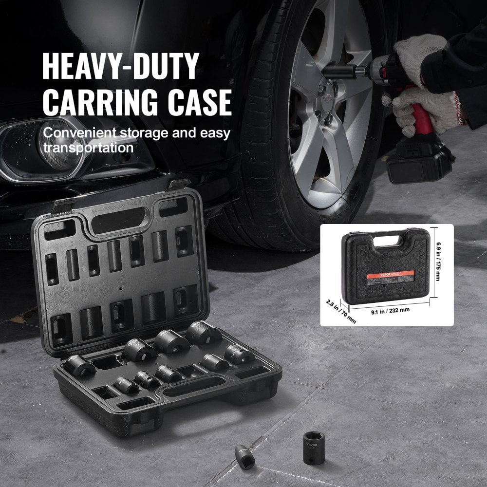 Bostome 12-piece impact socket set with Cr-Mo steel and hexagonal 6-point design.