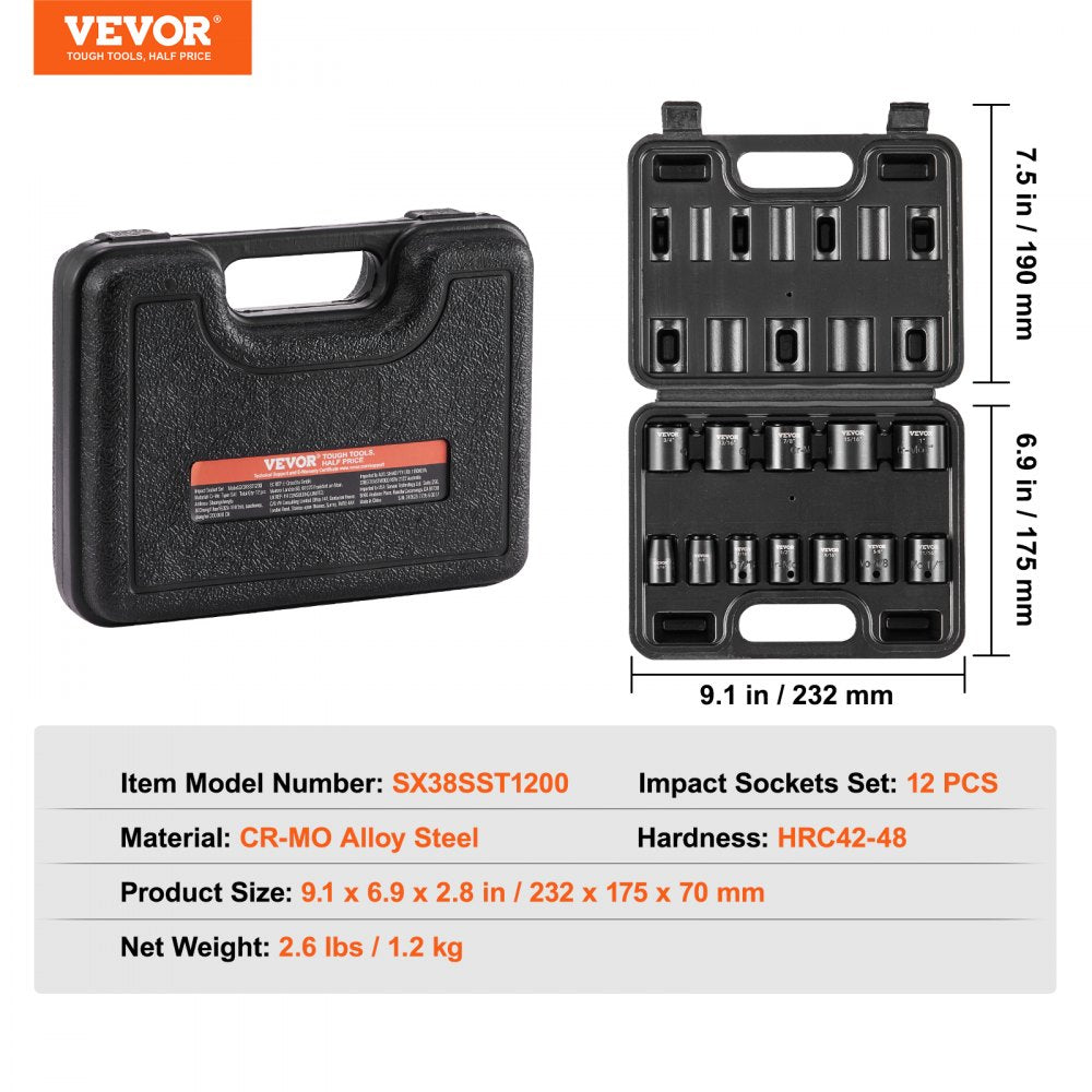 12-piece Bostome 3/8" drive impact socket set in a metal carrying case with laser-etched markings.