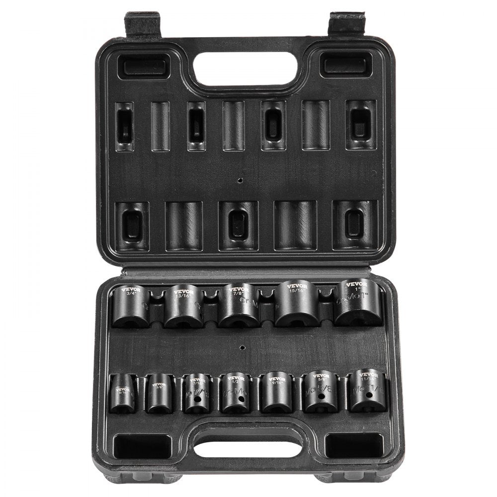 Bostome 3/8" drive impact socket set with 12 chrome-moly 6-point sockets in a metal toolbox.