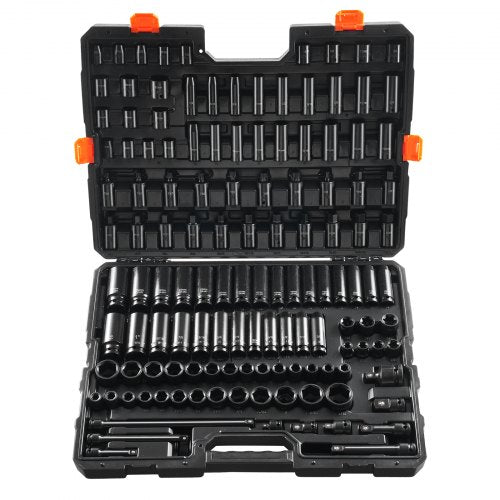 Bostome 130-piece impact socket set with Cr-Mo steel sockets in a heavy-duty carrying case.