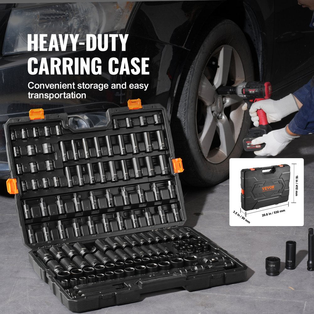 Bostome 130-piece impact socket set with Cr-Mo steel in a heavy-duty carrying case.