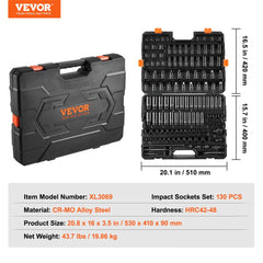130-piece impact socket set with Cr-Mo steel in a heavy-duty carrying case.