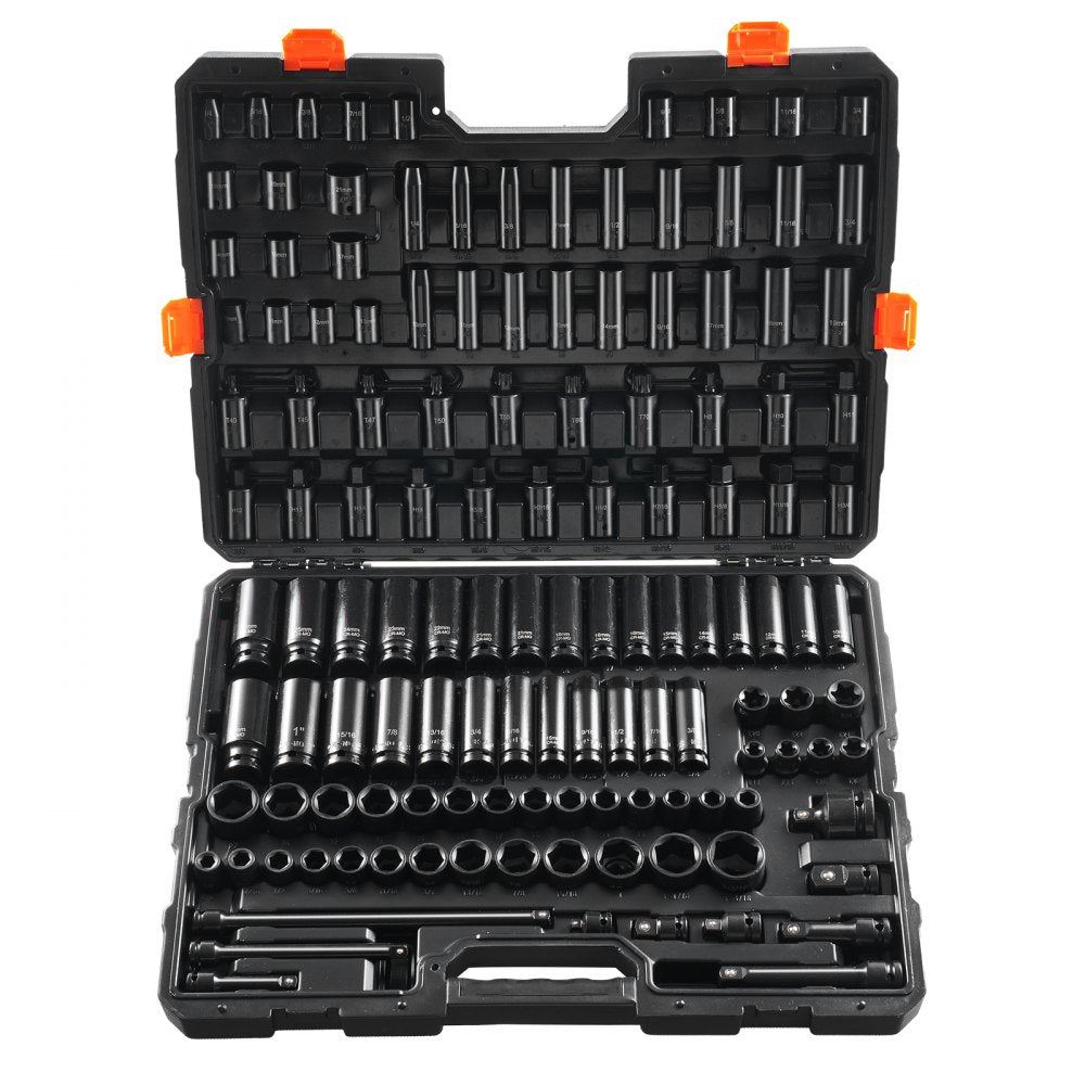 130-piece impact socket set with Cr-Mo steel, hexagonal drive, and a heavy-duty carrying case.