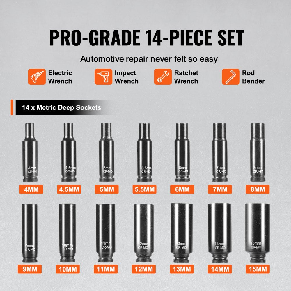 Bostome 14-piece impact socket set with a heavy-duty case and laser-etched size markings.