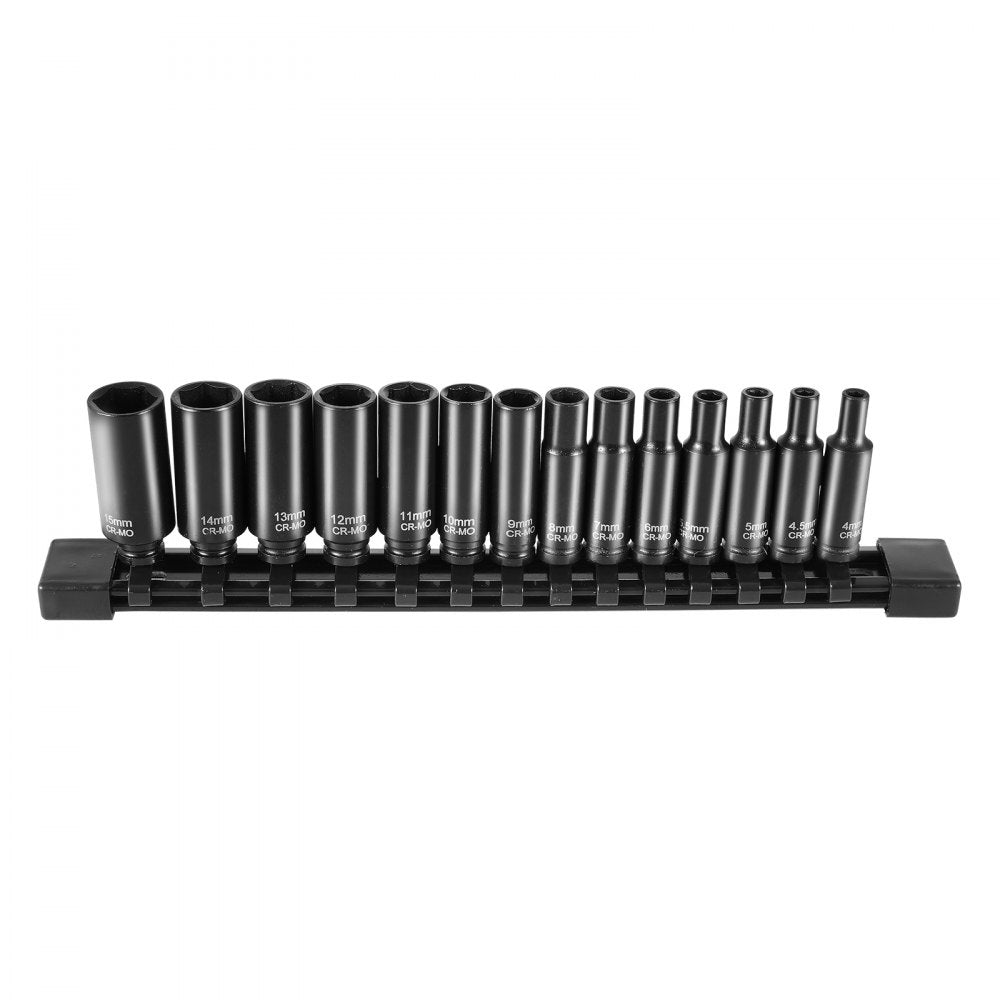 14-piece 1/4" drive impact socket set with a heavy-duty metal case and laser-etched size markings.