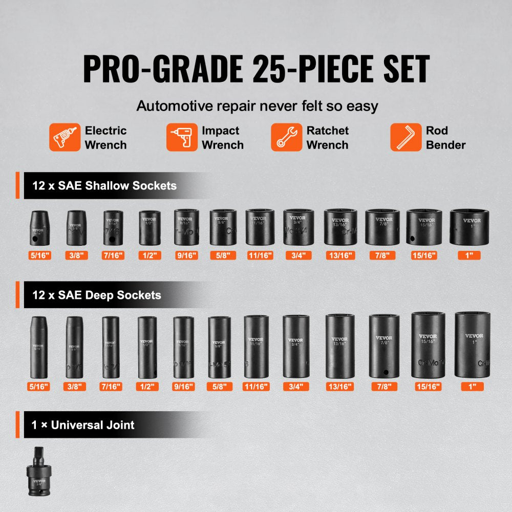 Impact Sockets Set 25pcs 6-Point 3/8in Drive Bit Ratchet Tool Kit Case