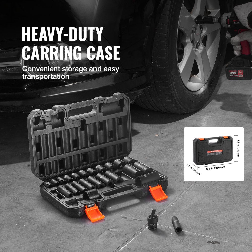 Impact Sockets Set 25pcs 6-Point 3/8in Drive Bit Ratchet Tool Kit Case