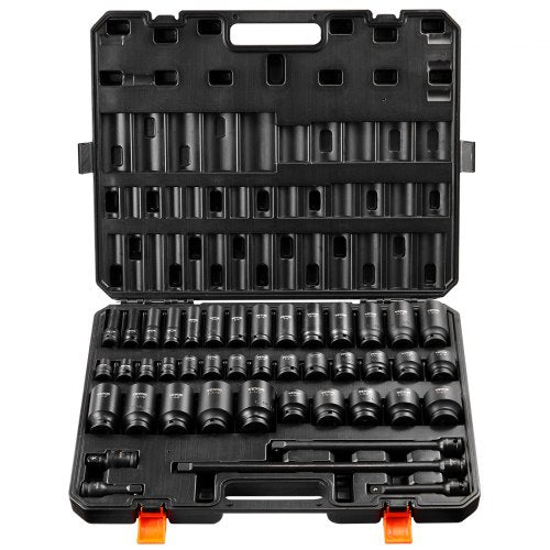 Bostome 43-piece impact socket set with 38 SAE sockets, 4 extensions, and a metal case.