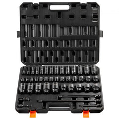 Bostome 43-piece impact socket set with 38 SAE sockets, 4 extensions, and a metal case.