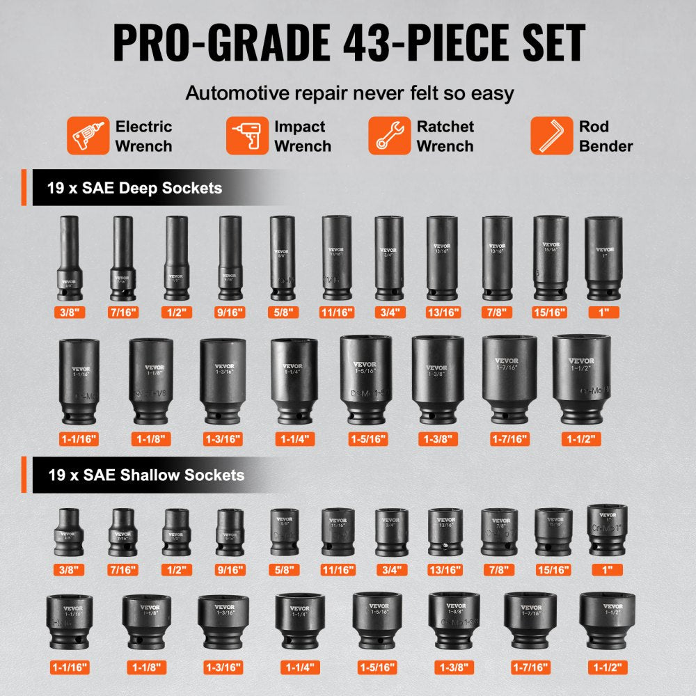 Bostome 43-piece 1/2" drive 6-point Cr-Mo impact socket set in a sturdy metal case.