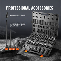 43-piece 1/2" drive impact socket set with 6-point design in a metal case.