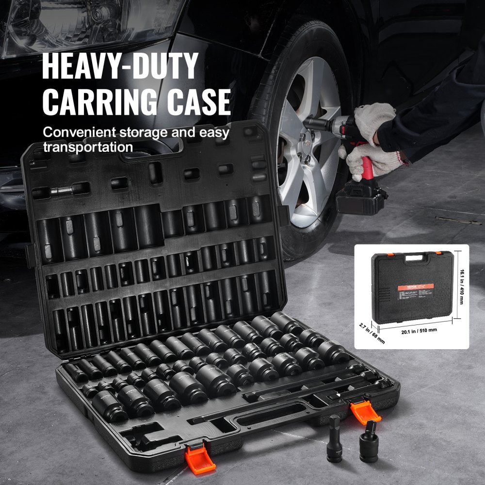 Bostome 43-piece impact socket set with 38 SAE sockets, 4 extensions, and a metal case.